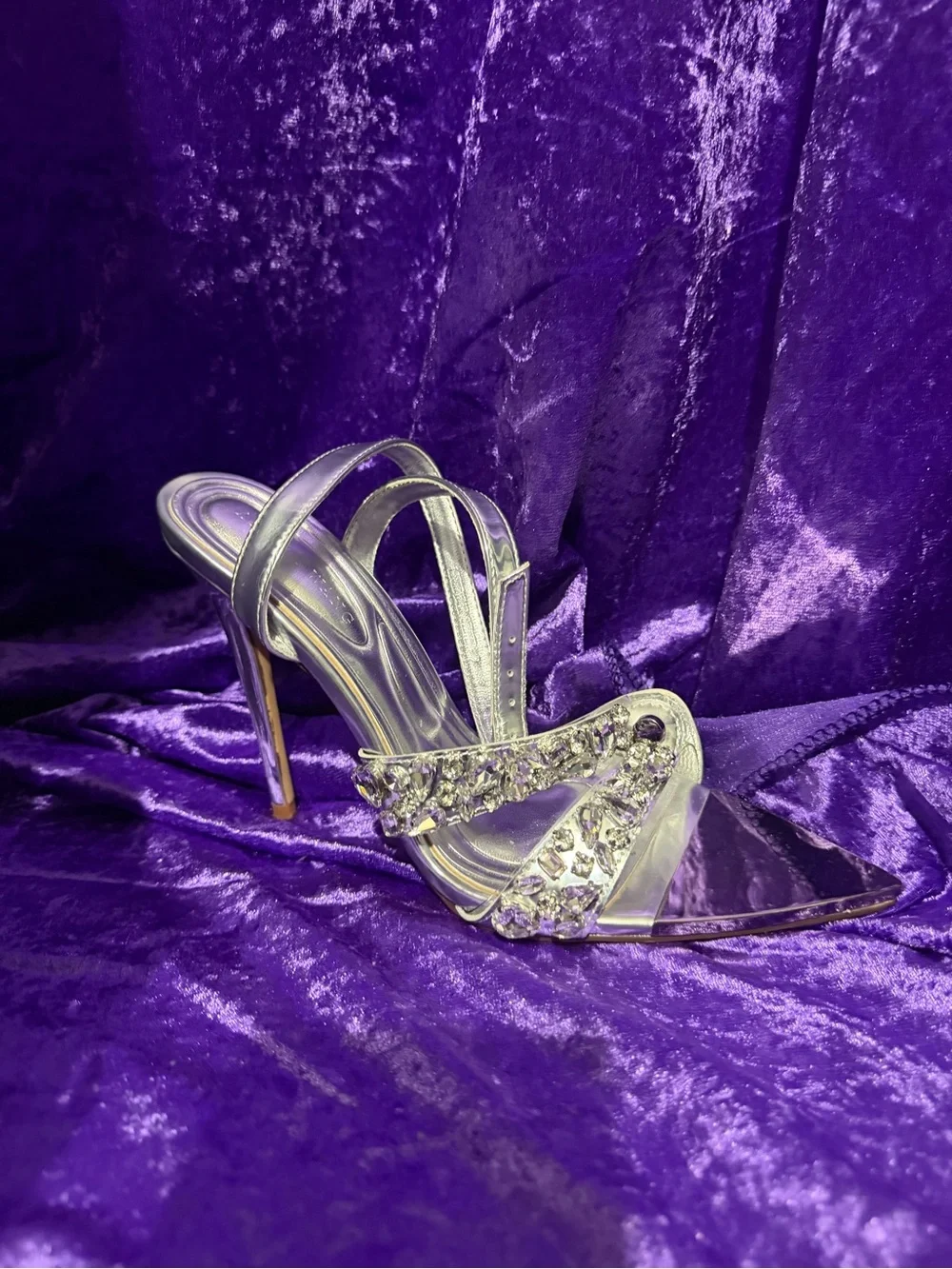 AKIRA Silver Crystal Strap Stiletto Heels